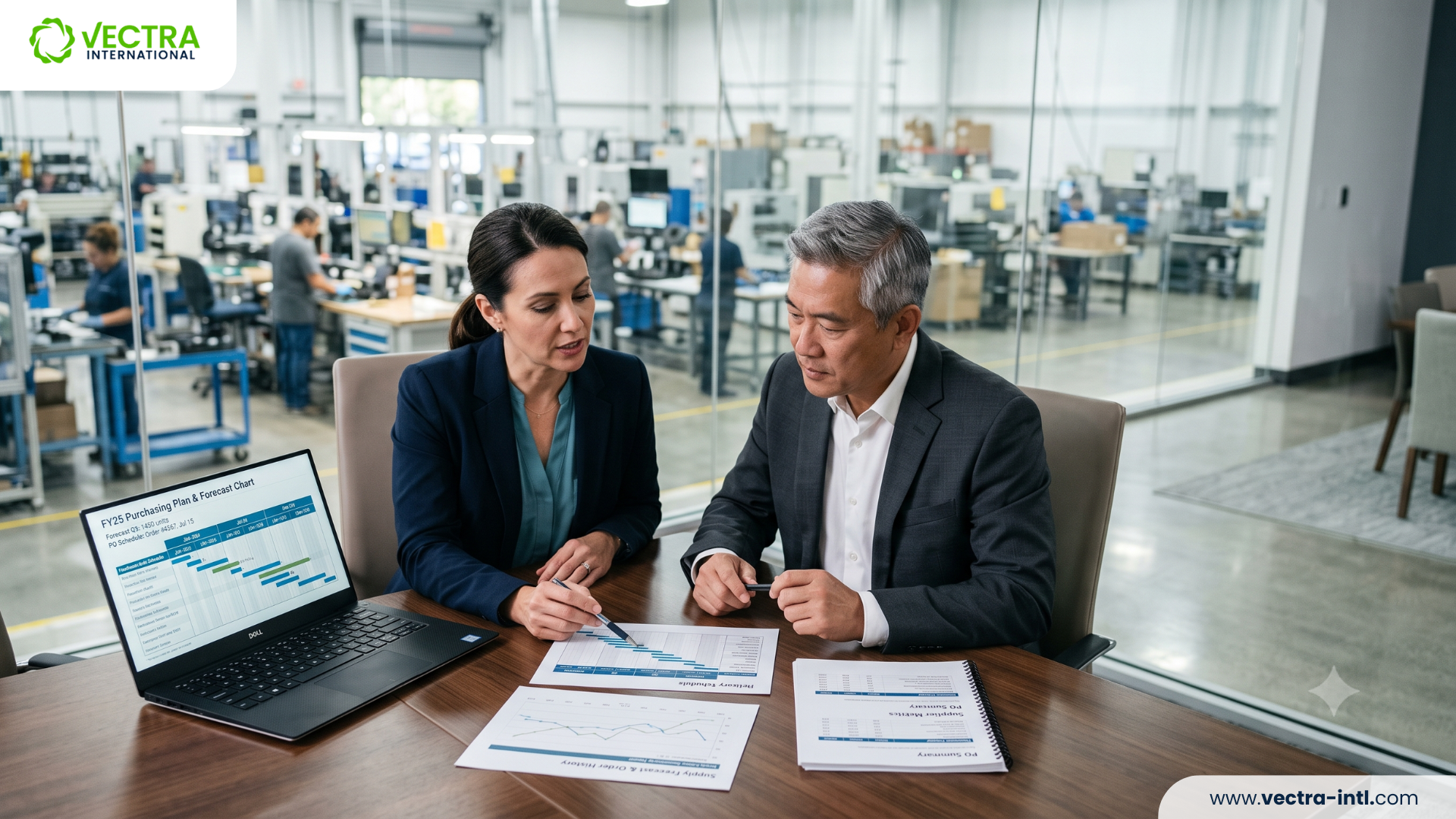 Buyer and supplier reviewing responsible purchasing practices and supplier performance