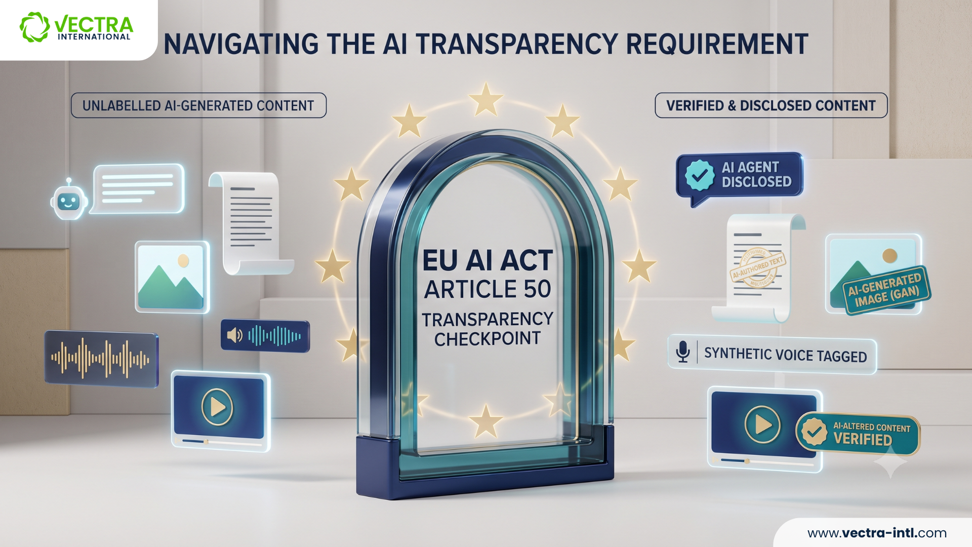 Business professional reviewing AI-generated content with an on-screen AI transparency label under EU AI Act Article 50