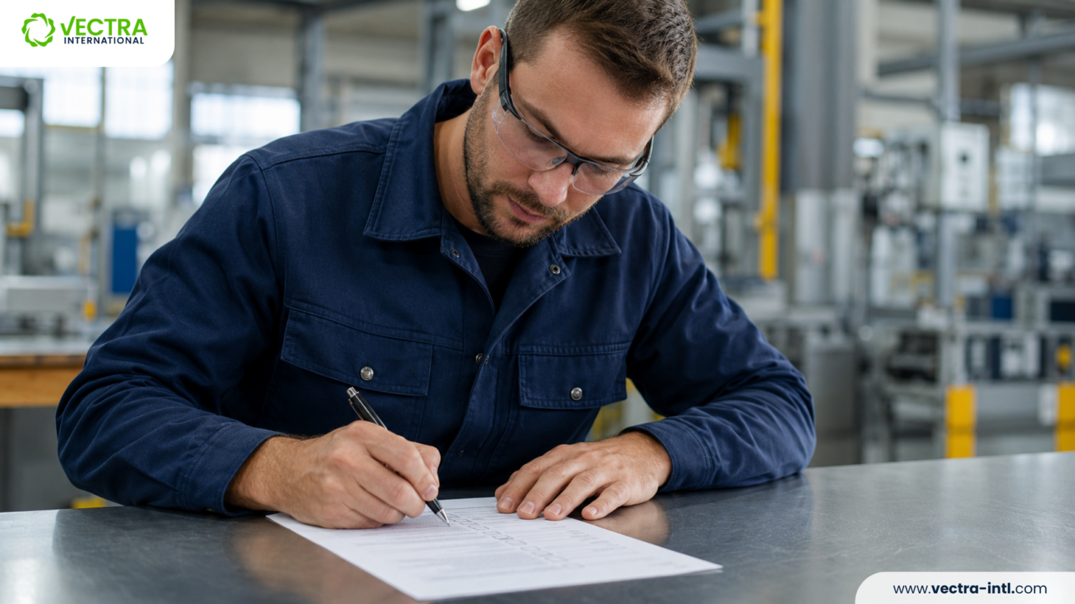 Factory worker completing a workplace conditions questionnaire as part of SA8000 certification preparation.