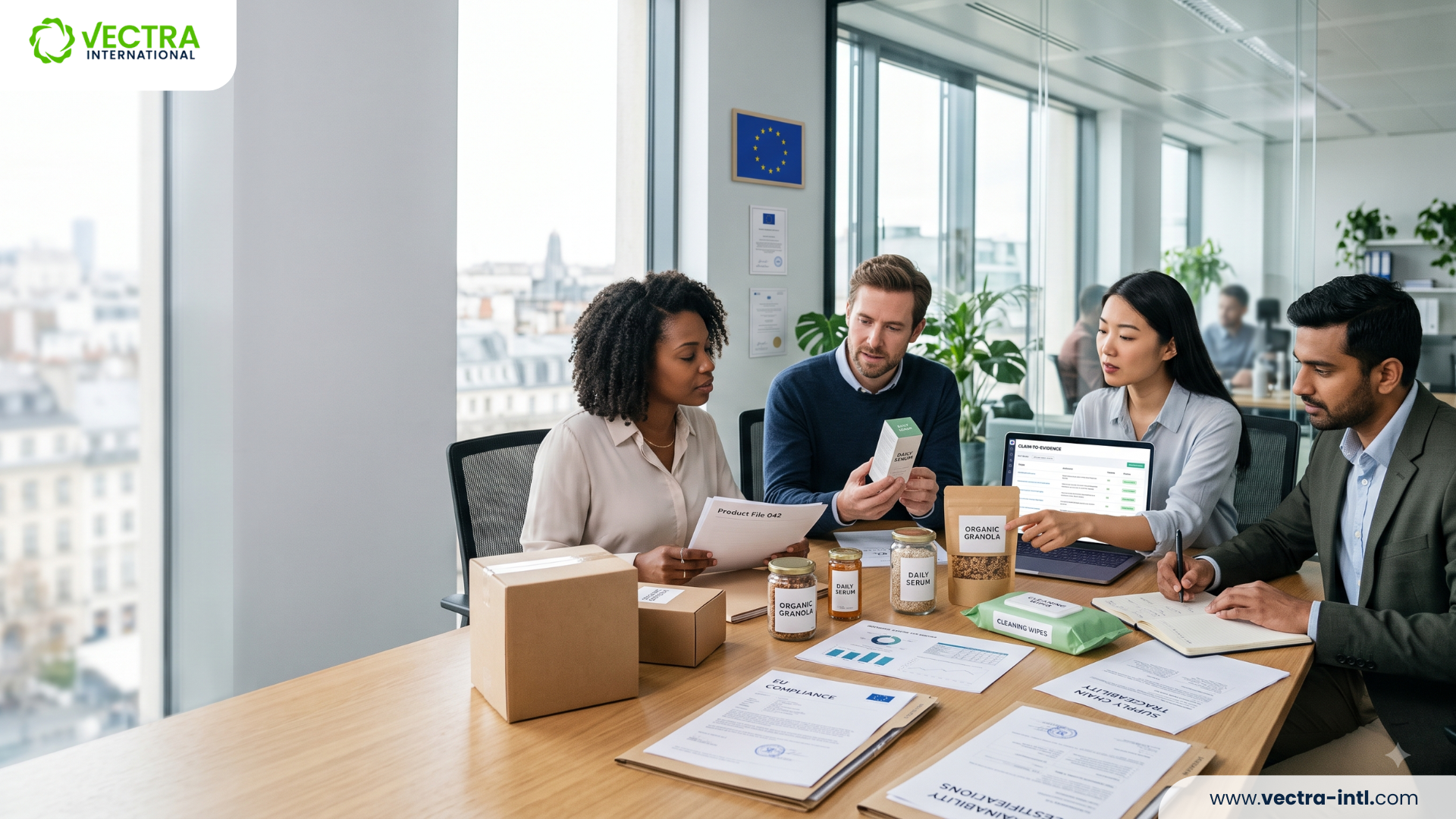 Compliance & marketing team reviewing environmental claims on product packaging and digital listings for the new EU greenwashing rules 2026