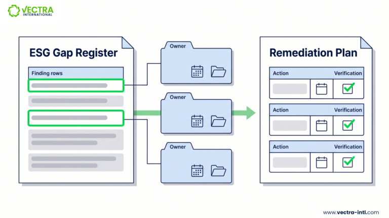 ESG gap analysis register converted into a pre-audit remediation plan with owners, deadlines and verification checks