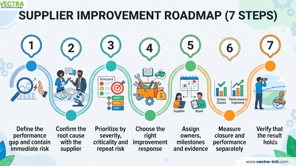 Infographic showing seven steps for building a supplier improvement roadmap, from defining performance gaps to verifying lasting results. 