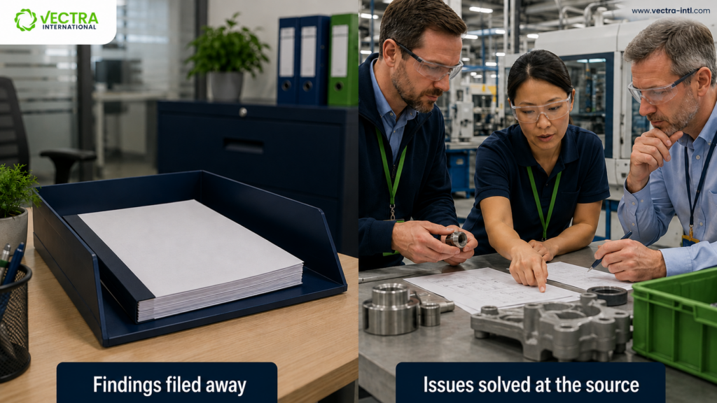 Audit findings move from a filed report to collaborative supplier root-cause analysis.
