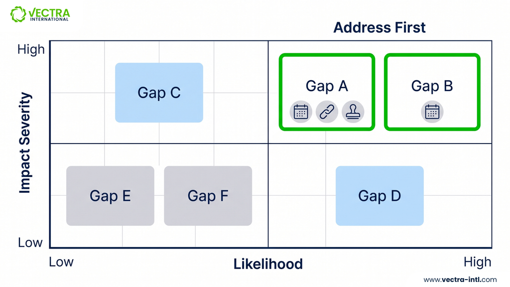 ESG gap analysis prioritization matrix ranking findings by impact severity and likelihood.