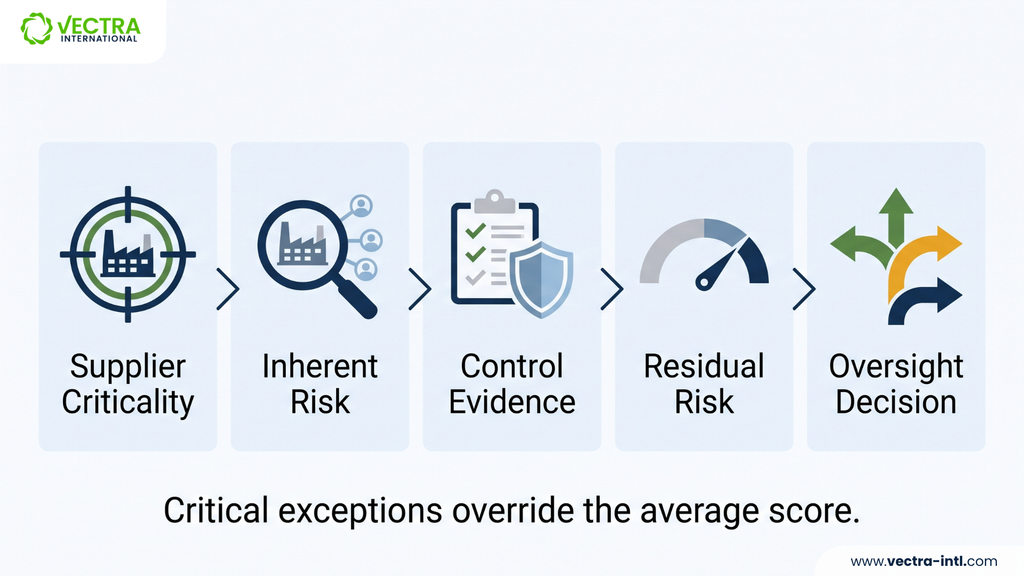 Supplier risk assessment checklist flow from criticality and inherent risk through control evidence, residual risk, and approval decisions.