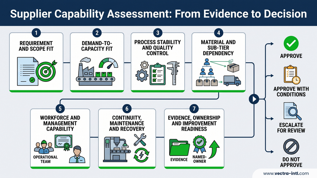 Supplier capability assessment showing seven evidence checks leading to approval, conditional approval, escalation or rejection.