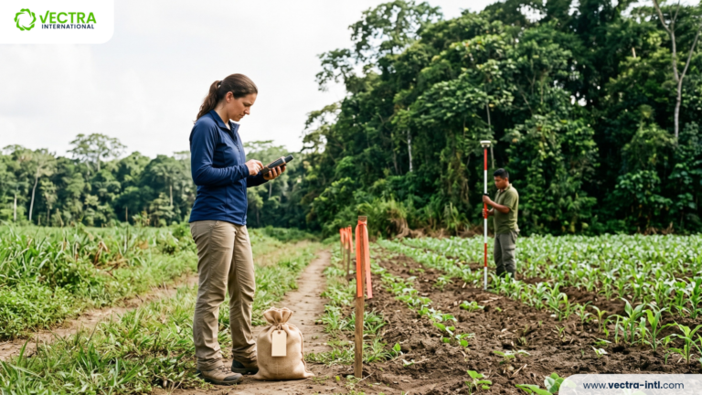Field specialist verifying EUDR compliance at the boundary between an agricultural plot and intact forest.
