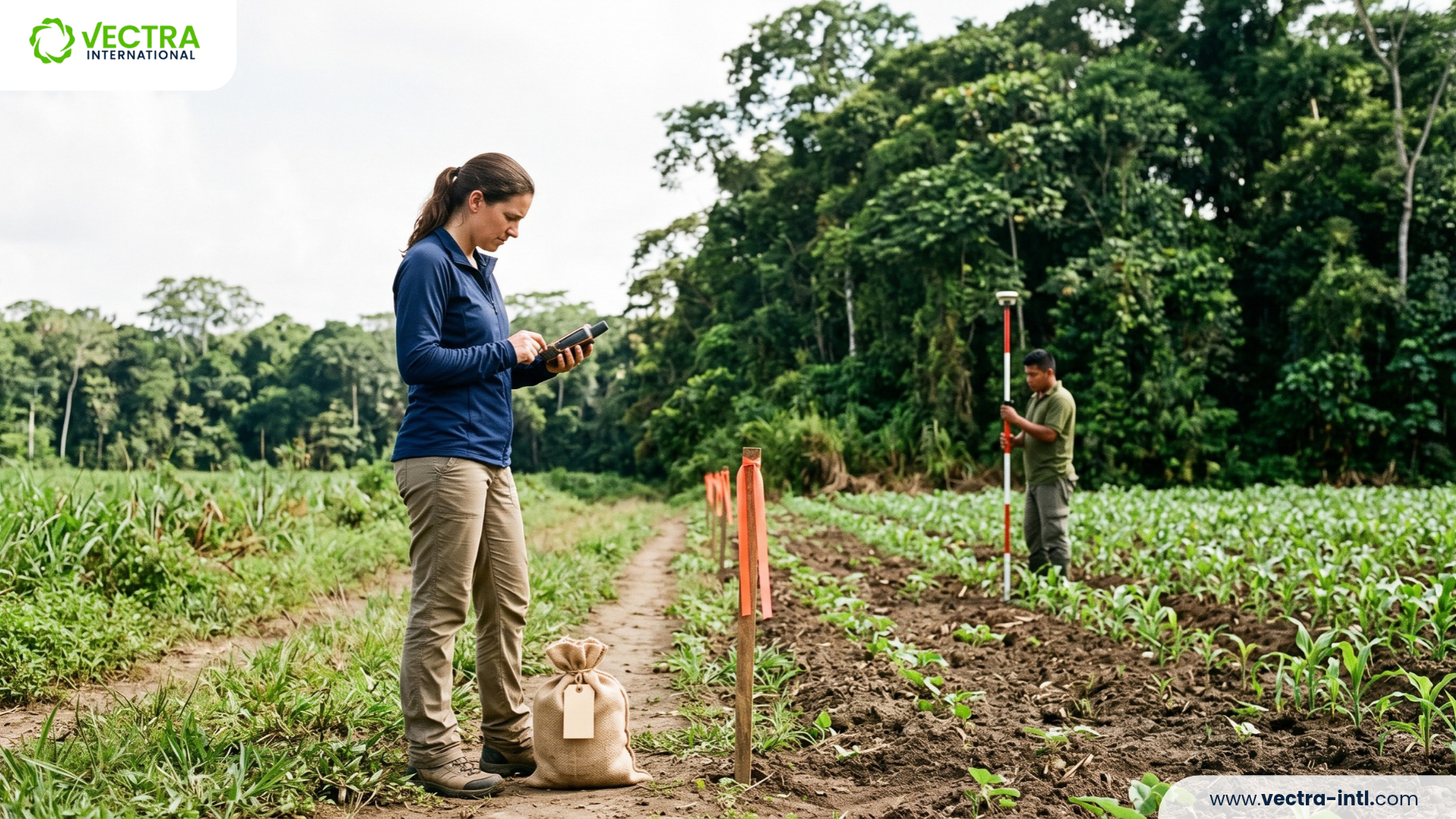 Field specialist verifying EUDR compliance at the boundary between an agricultural plot and intact forest.