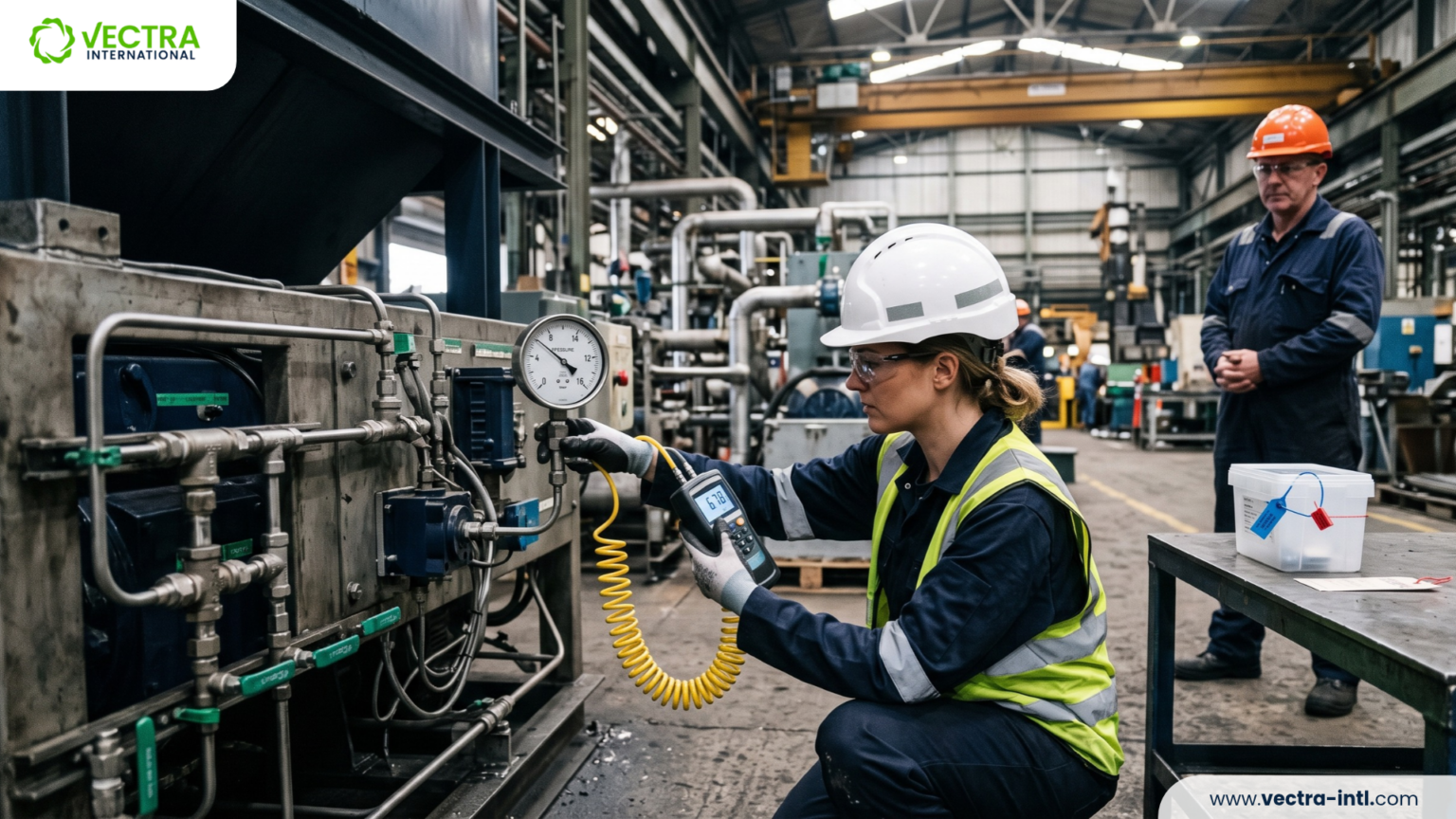 Independent assurance specialist verifying an operational measurement against a calibrated reference at an industrial site.