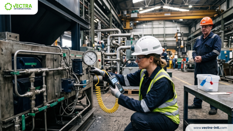 Independent assurance specialist verifying an operational measurement against a calibrated reference at an industrial site.