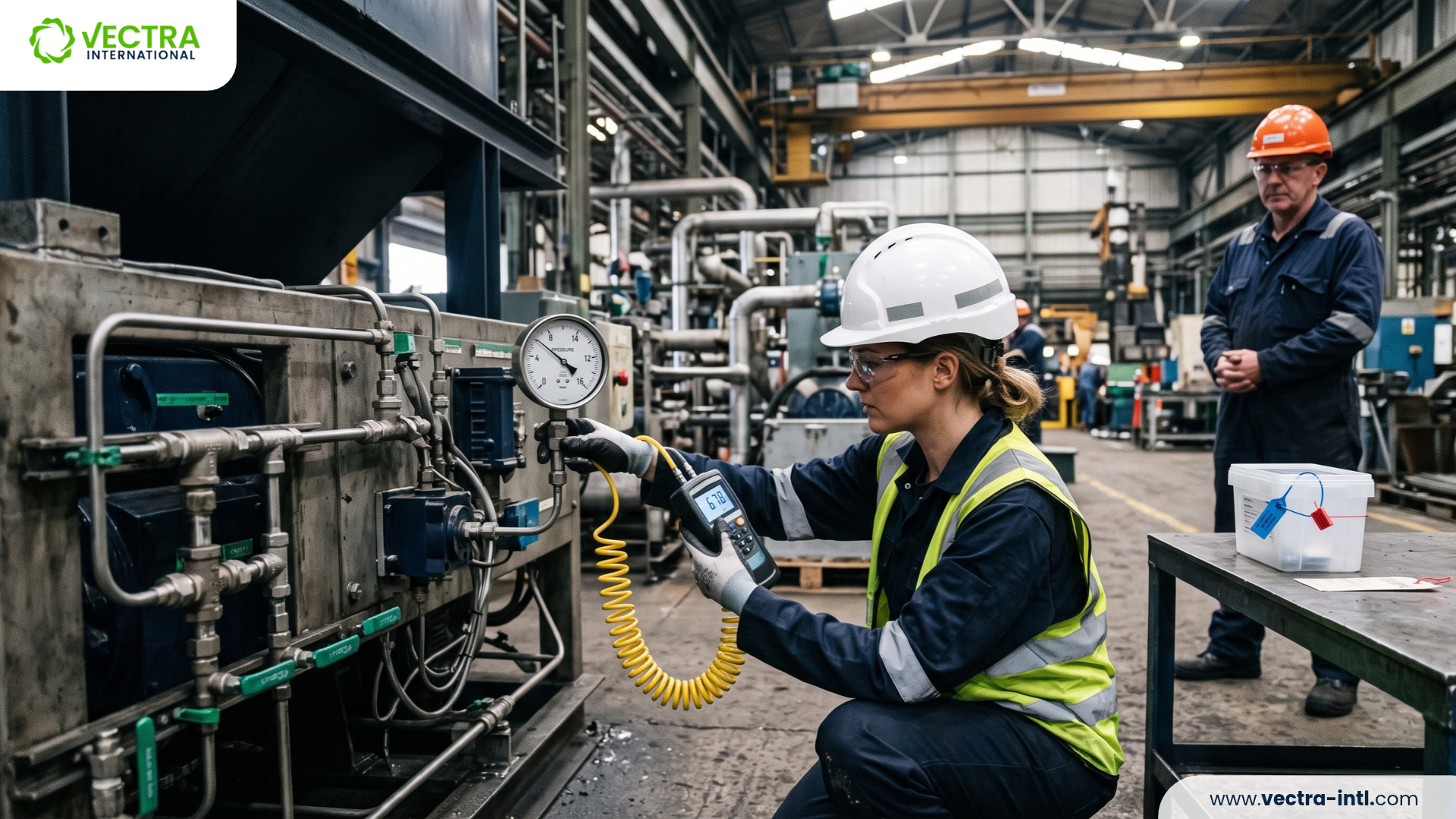 Independent assurance specialist verifying an operational measurement against a calibrated reference at an industrial site.
