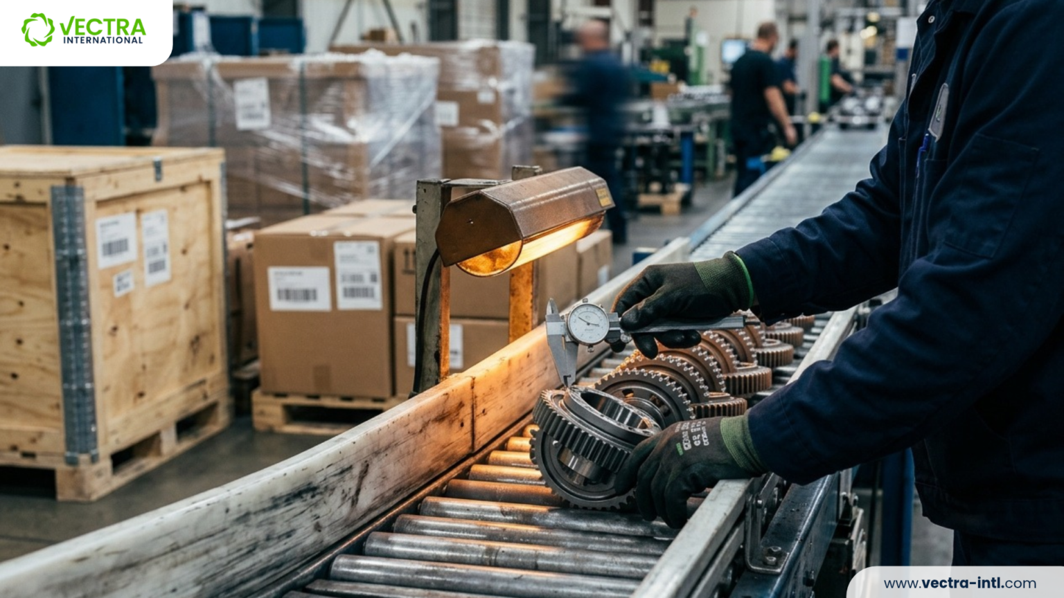Supplier performance metrics represented by an inspection catching a misaligned component before it disrupts production.