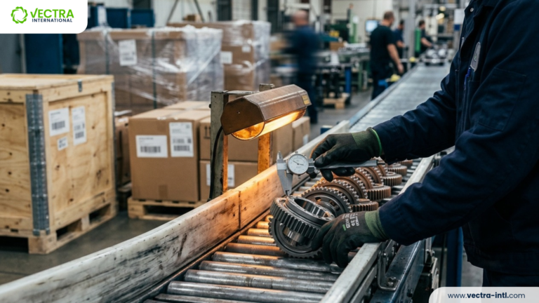 Supplier performance metrics represented by an inspection catching a misaligned component before it disrupts production.