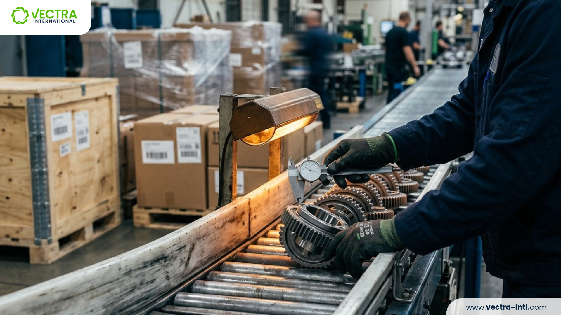 Supplier performance metrics represented by an inspection catching a misaligned component before it disrupts production.