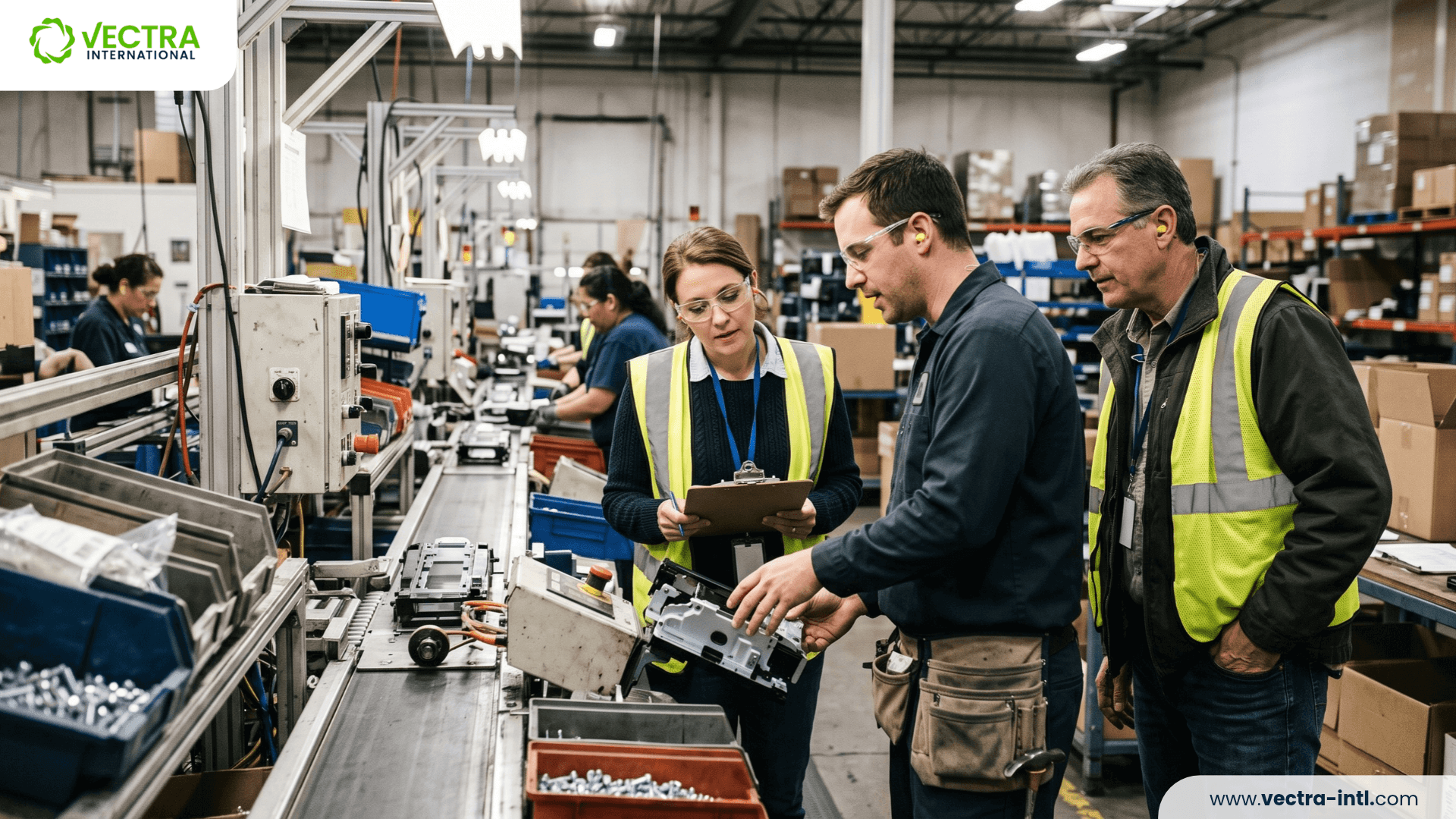 Supplier engagement session reviewing production evidence and a component at a supplier facility.