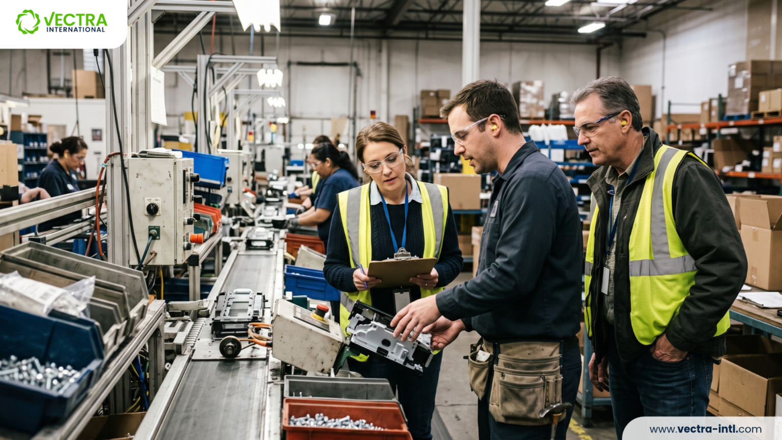 Supplier engagement session reviewing production evidence and a component at a supplier facility.