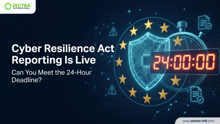Cyber Resilience Act Reporting illustration showing a digital shield with EU stars and a 24-hour countdown timer