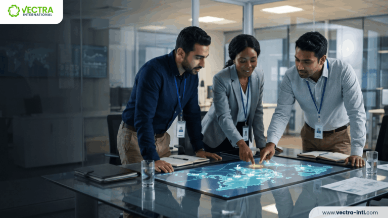 Supply chain mapping team reviewing a digital network map of suppliers, warehouses, and shipping routes on a large screen