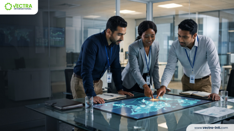 Supply chain mapping team reviewing a digital network map of suppliers, warehouses, and shipping routes on a large screen