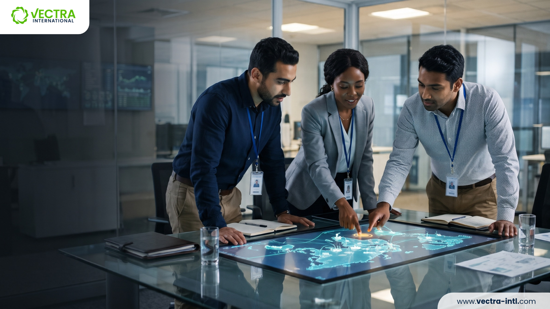 Supply chain mapping team reviewing a digital network map of suppliers, warehouses, and shipping routes on a large screen